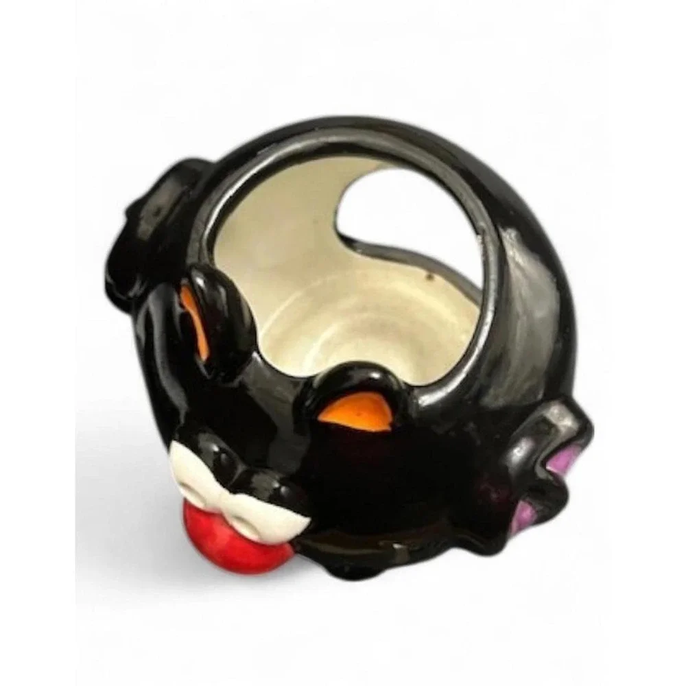 Vintage Style Glossy Ceramic Black Bat Cat Halloween Votive Holder Planter